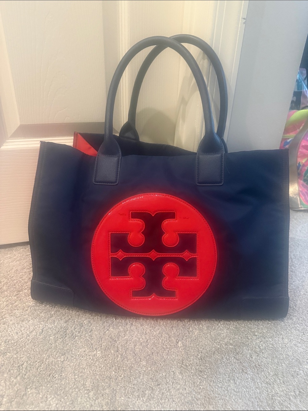 Tory Burch Navy Tote with Red Logo Patch